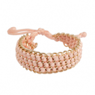 Braccialetti di cordone di raso tessuti con catena a rol&ograve; oro-rosa salmone