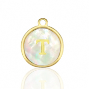Ciondoli in acciaio inossidabile 12mm conchiglia lettera T bianco (colore naturale)-oro