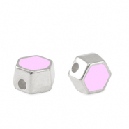 Perline di metallo DQ esagono argento antico-rosa lilla (privo di nichel)