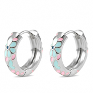 Metallo TQ in ottone orecchini a cerchio smalto fiore argento-blu rosa