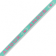 Nastro con testo "amour" blu turchese scuro-rosa fucsia