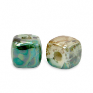 Perline di ceramica greca DQ a forma di cubetto 8mm pavone verde-beige marrone