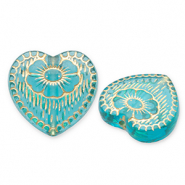 Perline in acrilico cuore con fiore blu ottanio-oro
