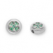 Perline di metallo DQ tonda con quadrifoglio argento antico-glitterato turchese (privo di nichel)