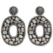 Orecchini alla moda con perline di vetro ovale nero-argento-blu chiaro