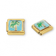 Link-tessera per bracciale italiano con ciondoli in acciaio inossidabile palma oro-blu chiaro-verde