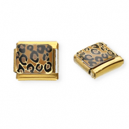 Link-tessera per bracciale italiano con ciondoli in acciaio inossidabile stampa leopardo oro-marrone chiaro-nero