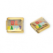 Link-tessera per bracciale italiano con ciondoli in acciaio inossidabile "Be happy" oro-multicolore