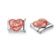 Link-tessera per bracciale italiano con ciondoli in acciaio inossidabile cuore "Girl power" argento-rosa-rosso