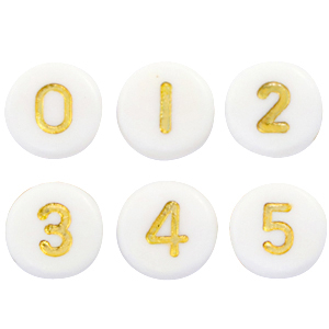 Perline alfabeto in acrilico misto numeri bianco-oro