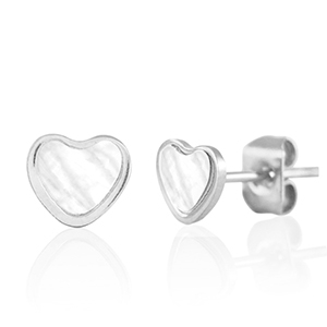 Orecchini in acciaio inossidabile cuore argento-bianco perlato