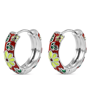 Metallo TQ in ottone orecchini a cerchio smalto fiore argento-rosso giallo