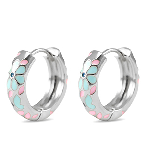 Metallo TQ in ottone orecchini a cerchio smalto fiore argento-blu rosa
