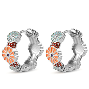 Metallo TQ in ottone orecchini a cerchio smalto fiore argento-arancione blu