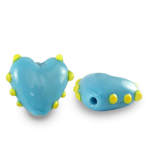 Perline di vetro dipinte a mano cuore pois blu ciano-giallo