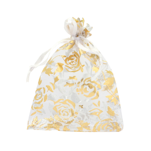 Sacchetti in organza 9x12cm rosa bianco-oro