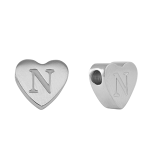 Perline in acciaio inossidabile cuore lettera N argento