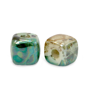 Perline di ceramica greca DQ a forma di cubetto 8mm pavone verde-beige marrone