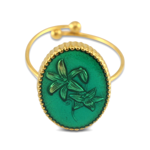 Anelli in acciaio inossidabile smalto ovale con fiore oro-verde scuro