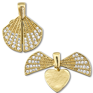 Ciondoli in ottone Eco-brass&reg; medaglione zirconi conchiglia / cuore oro