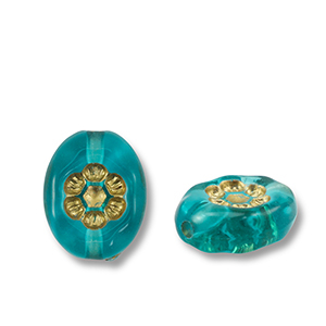 Perline in acrilico ovale con fiore blu ottanio-oro
