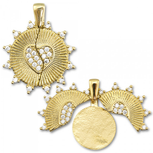 Ciondoli in ottone Eco-brass&reg; medaglione zirconi tonda con cuore / tonda oro