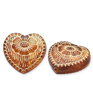 Perline in acrilico cuore con fiore marrone cognac-oro