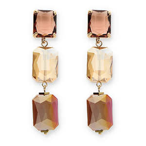 Orecchini di Crystal Glass rettangolo bordeaux-arancione ambra-rosa malva rivestimento AB