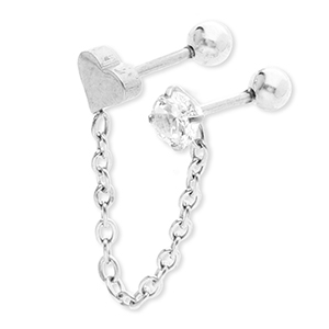 Piercing all'orecchio in acciaio inossidabile cuore con catena & strass argento-cristallo