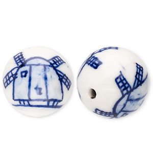 Perline di ceramica 15mm con mulino biancastro-blu Delft