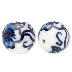 Perline di ceramica 12mm con fiore biancastro-blu Delft
