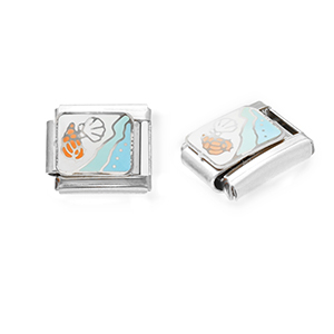 Link-tessera per bracciale italiano con ciondoli in acciaio inossidabile vita marina argento-bianco-blu chiaro