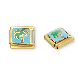 Link-tessera per bracciale italiano con ciondoli in acciaio inossidabile palma oro-blu chiaro-verde