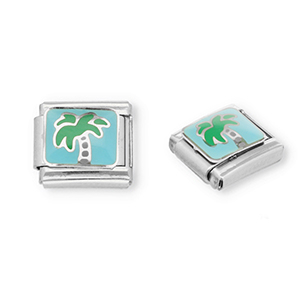 Link-tessera per bracciale italiano con ciondoli in acciaio inossidabile palma argento-blu chiaro-verde