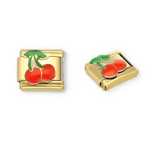 Link-tessera per bracciale italiano con ciondoli in acciaio inossidabile ciliegie oro-rosso-verde