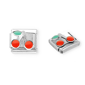 Link-tessera per bracciale italiano con ciondoli in acciaio inossidabile ciliegie argento-rosso-verde