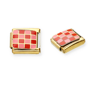 Link-tessera per bracciale italiano con ciondoli in acciaio inossidabile motivo a blocchi oro-rosa-rosso