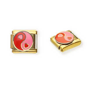 Link-tessera per bracciale italiano con ciondoli in acciaio inossidabile cuore Yin & Yang oro-rosa-rosso