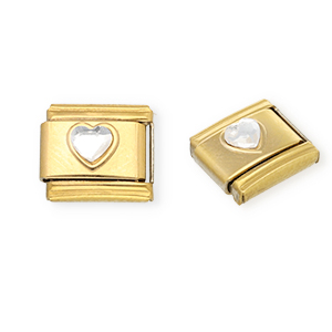 Link-tessera per bracciale italiano con ciondoli in acciaio inossidabile cuore con strass oro-cristallo