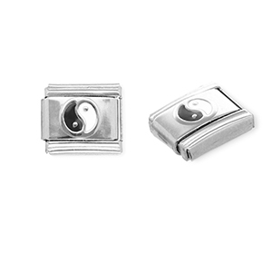 Link-tessera per bracciale italiano con ciondoli in acciaio inossidabile Yin & Yang argento-nero-bianco