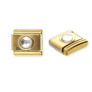 Link-tessera per bracciale italiano con ciondoli in acciaio inossidabile tonda con strass oro-cristallo
